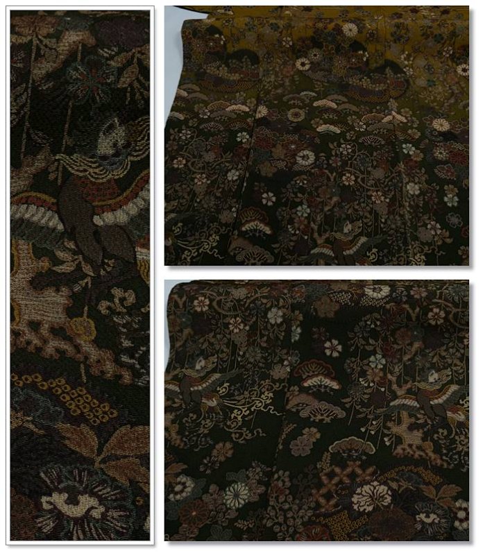 リサイクル 訪問着 友禅染め 縮緬 金茶深緑 身丈149cm 裄62cm Mサイズ a1m5m1m3y3 パーティー 舞台 着物 接待 芸子 粋 中古 リサイクル着物 絹 訳あり 繰越大きい