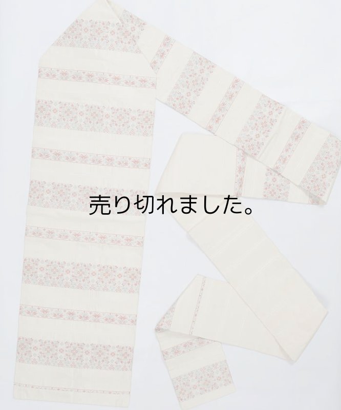 名古屋帯 OFF リサイクル名古屋帯 九寸帯 正絹 白乳 / 唐草 膨ら織り 中古着物 お稽古 練習着 舞台 / リサイクル名古屋 a2m1m6 仕立て上がり Mサイズ「中古」