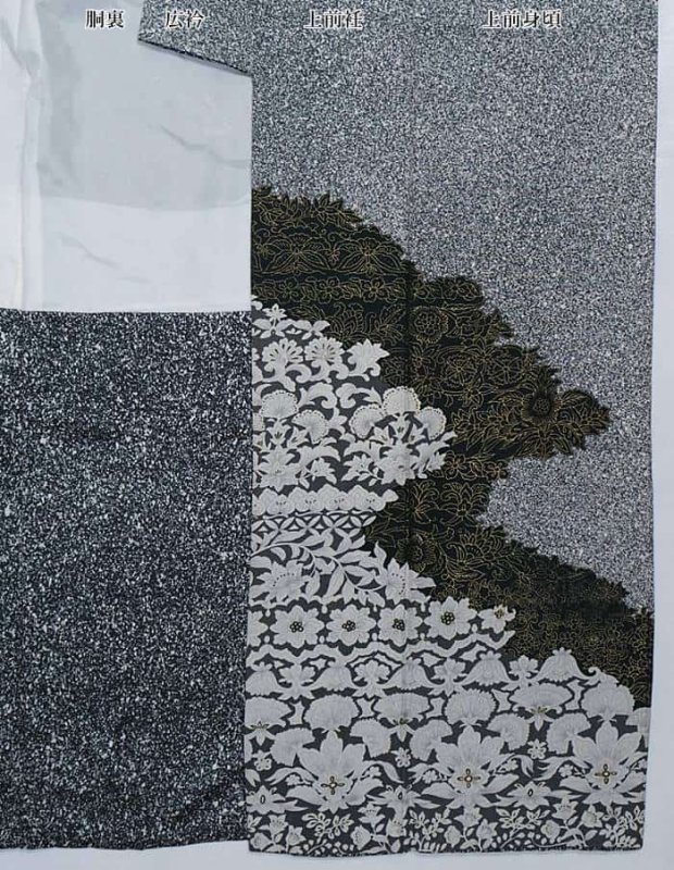 リサイクル訪問着袷 友禅染め 黒 たたき染め  身丈155cm Mサイズ