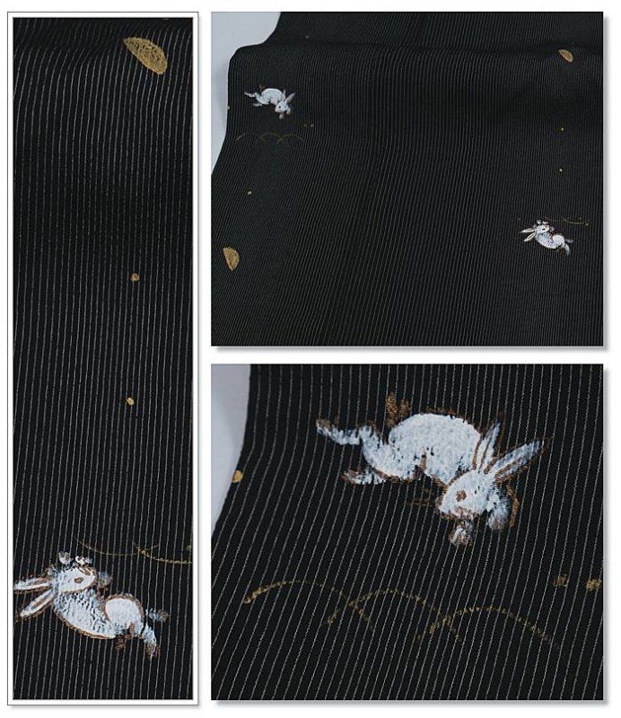 リサイクル本塩沢 単衣 着物 黒 縞柄 兎 未着品 身丈151cm 裄65cm Mサイズ 素描友禅 a1m6m0y4 舞台 稽古 「中古」美品 絹 訳あり 繰越大きい お召し着物 繰越大きい