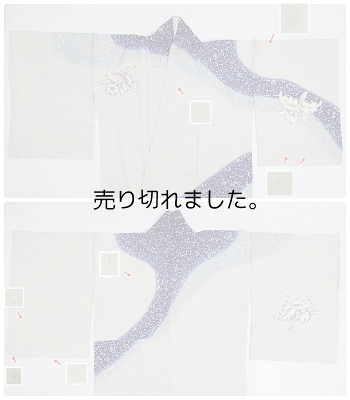 リサイクル訪問着 糸目友禅 付下 訪問着袷 白 藍 洋花 蘭 訳あり