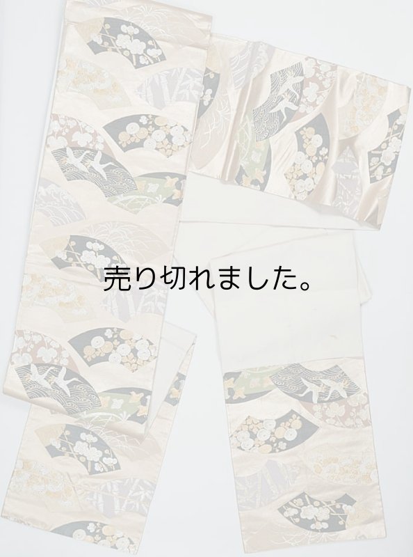 リサイクル袋帯六通柄袋帯 正絹 金箔 扇面 光琳 琳派柄 中古着物 結婚式 留袖帯 新年会 茶会 リサイクル光琳袋帯 a2m1m5m3 二重太鼓 フォーマル  Mサイズ 訳あり 送料無料