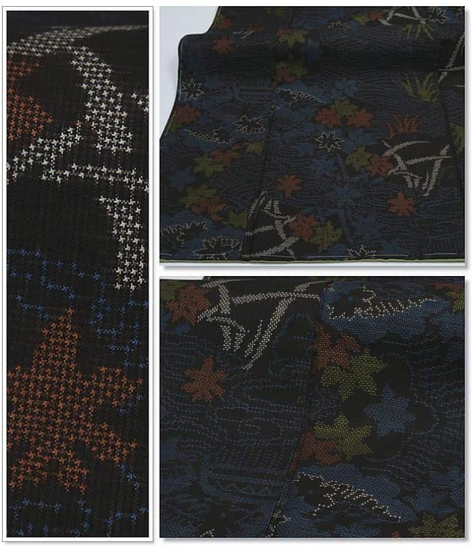 未使用品 本場 大島紬 リサイクル大島 黒 7マルキ 経緯絣 藍 絹