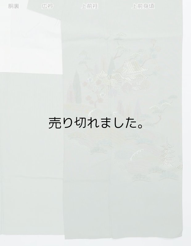 訪問着 友禅 刺繍 付下 リサイクル訪問着袷 抹茶色 身丈159cm