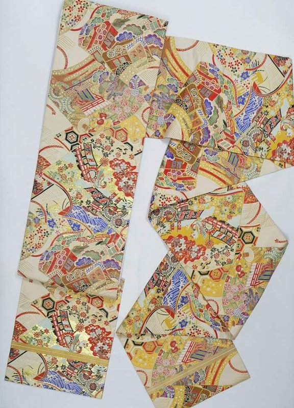 リサイクル丸帯 京袋帯 袋名古屋 絹 金銀 鳳凰 絵巻 中古着物