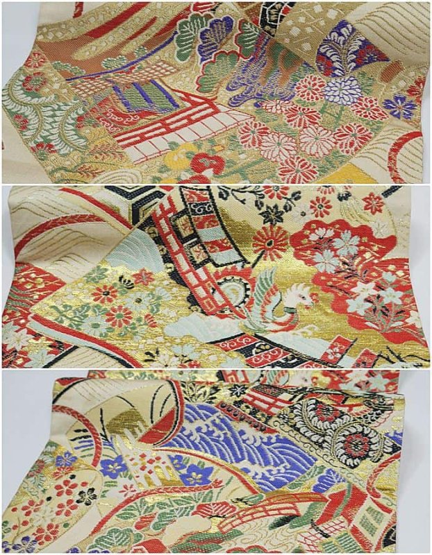 リサイクル丸帯 京袋帯 袋名古屋 絹 金銀 鳳凰 絵巻 中古着物