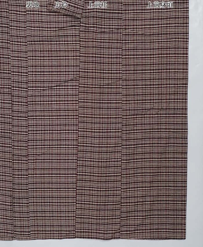 リサイクル つむぎ 夏物 夏着物 格子柄 緯双絣 赤茶145cm 小さい