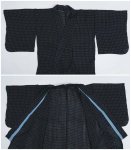 上布きもの 麻生地 夏物 夏着物 絣織り 黒 藍 身丈142cm 麻布