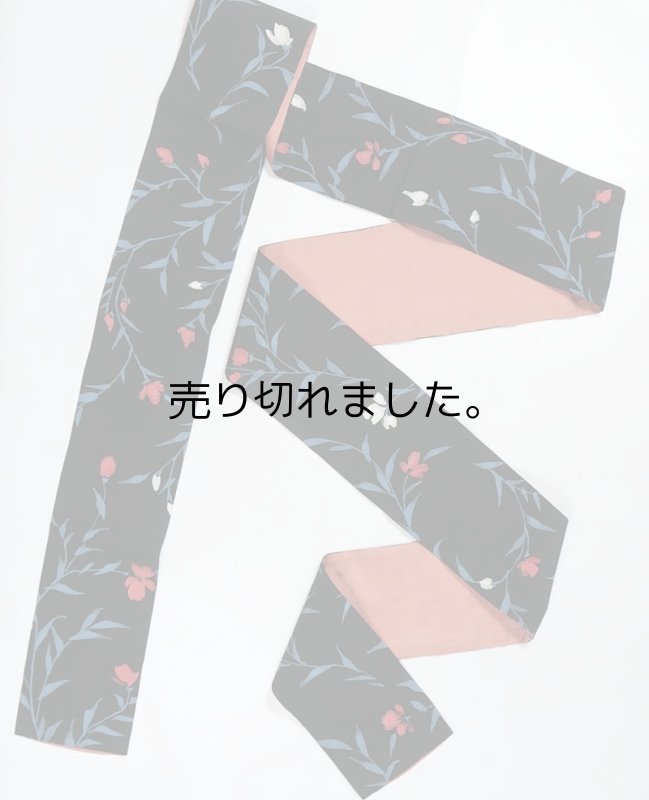 リサイクル 半幅帯 激安 ゆかた 全通柄 黒地 染め帯 正絹