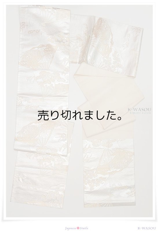リサイクル袋帯 六通柄 銀引き箔 扇面草花 青海波 白銀/正絹 袋帯二重太鼓 フォーマル帯 中古帯  a2m5【中古】送料無料