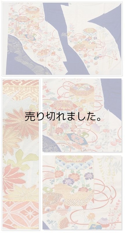 「リサイクル 振袖」身丈162cm Ｍサイズの本振袖 絹 成人式着物 リサイクル振袖 卒入園着物 a1m1m5m8y5「中古」身長162cm 貝桶文様 貝合わせ 末広扇