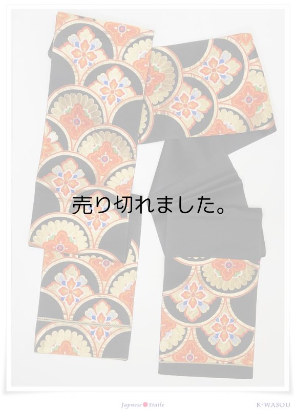 「袋帯 絹」六通柄 袋帯 鱗紋様 黒地 金銀糸 リサイクル 袋帯 フォーマル 仕立て上がり中古袋帯 a2m1m5「中古」美品