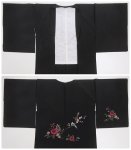 リサイクル黒羽織 刺繍柄の黒絵羽 羽織り Mサイズ羽織紐セット