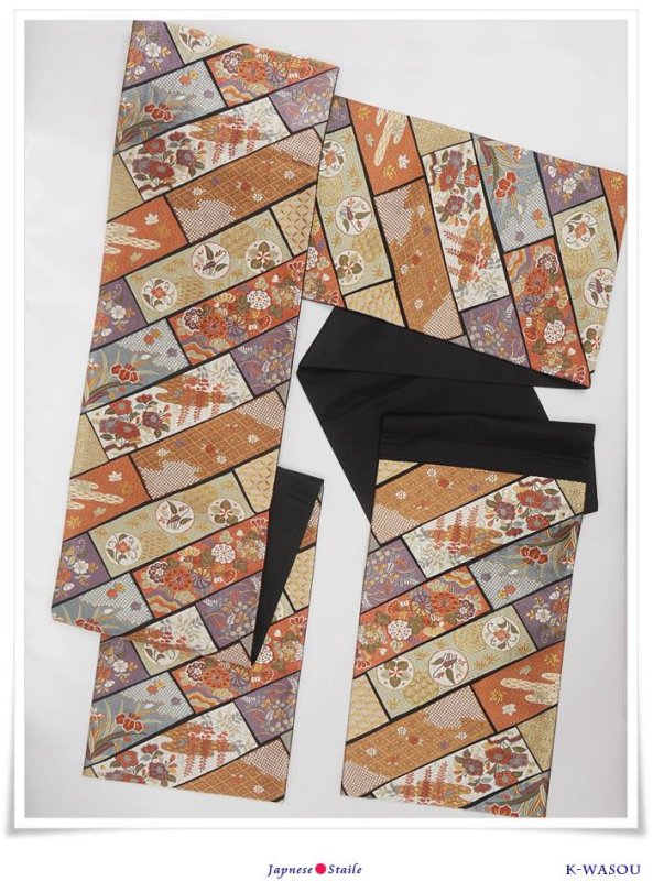 リサイクル 袋帯 正絹 未使用品 中古袋帯 黒地 草花柄 a2m1m5「中古」全通柄 仕立て上がり 新古品 フォーマル帯     送料無料 藤 菖蒲 楓 椿