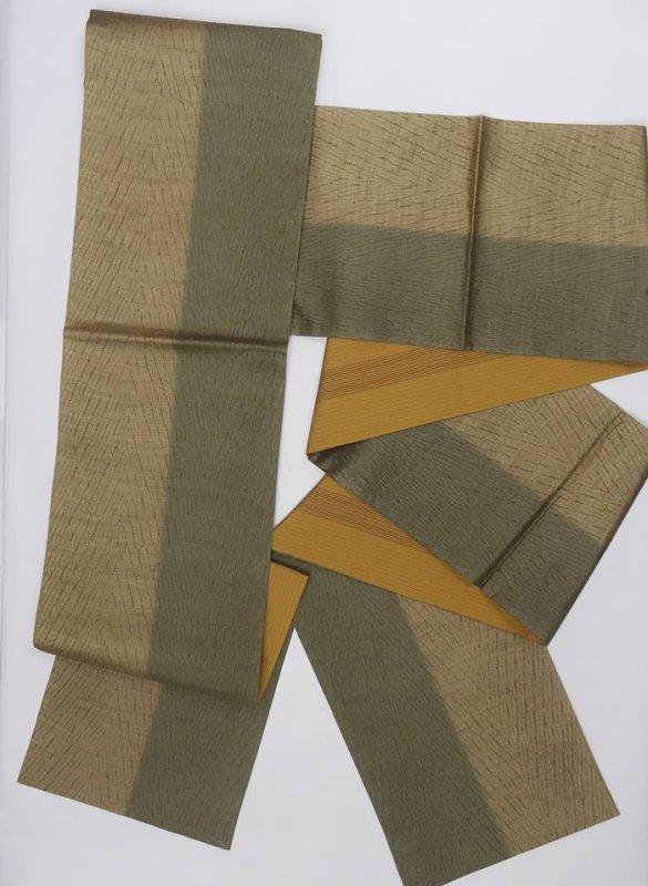 未使用品 袋帯 逸品袋帯 リバーシブル袋帯 正絹 全通柄 袋帯 縞絞り 黄八縞 カジュアル 両面柄 洒落帯 a2m1m6 激安 仕立て上がり 二重太鼓 LMサイズ