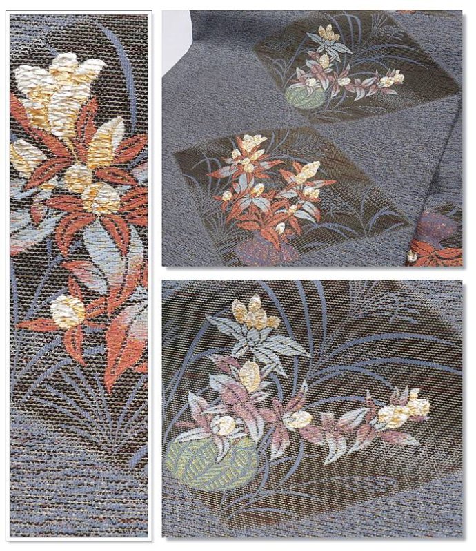 未使用品 袋帯 逸品袋帯 新古品 正絹 未使用 リサイクル袋帯 青銅色 四季草花文様 訪問着 フォーマル帯 a2m5m6 激安 仕立て上がり 二重太鼓 Mサイズ