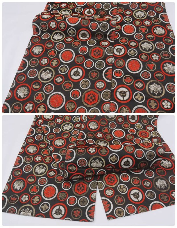 名古屋帯 リサイクル名古屋帯 全通柄 黒地 正絹  九寸帯中古着物 舞台 お稽古練習着 お茶会 観劇  リサイクル名古屋帯 a2m3m1 開き仕立て Mサイズ訳あり